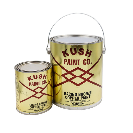 Two cans of Kush Paint Co. racing bronze copper paint on a white background