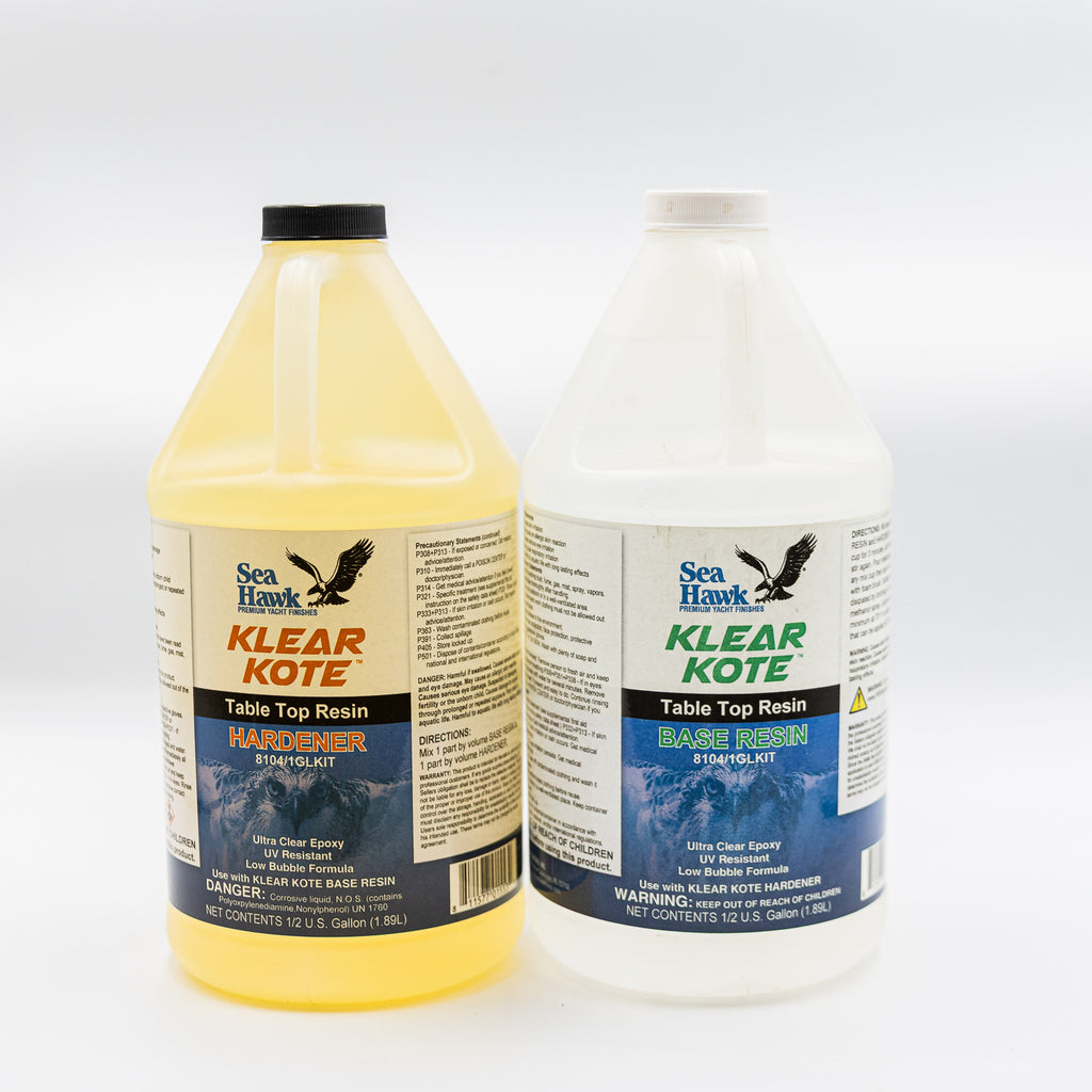 Two bottles of Sea Hawk Klear Kote Table Top Resin on a white background