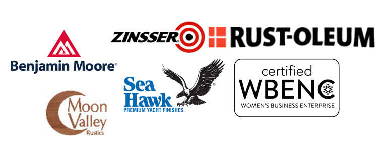 Logos of various companies including Zinsser, Rust-Oleum, Benjamin Moore, Sea Hawk, Moon Valley Rubes, and WBENG on a white background.