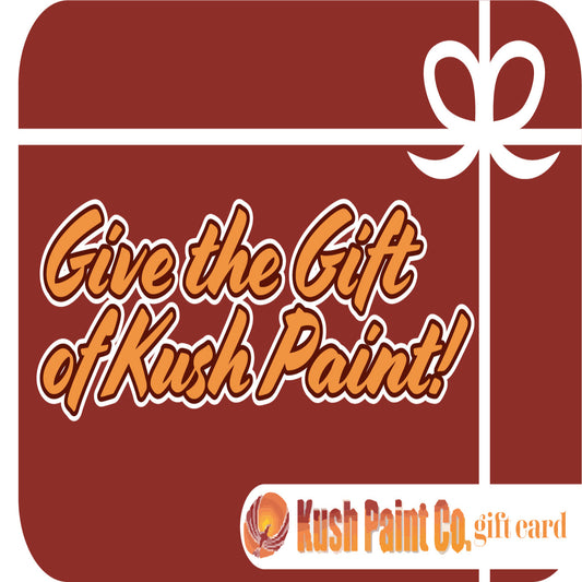 A gift card from Kush Paint Co. with an orange and white design, featuring text that reads 'Give the gift of Kush Paint!'